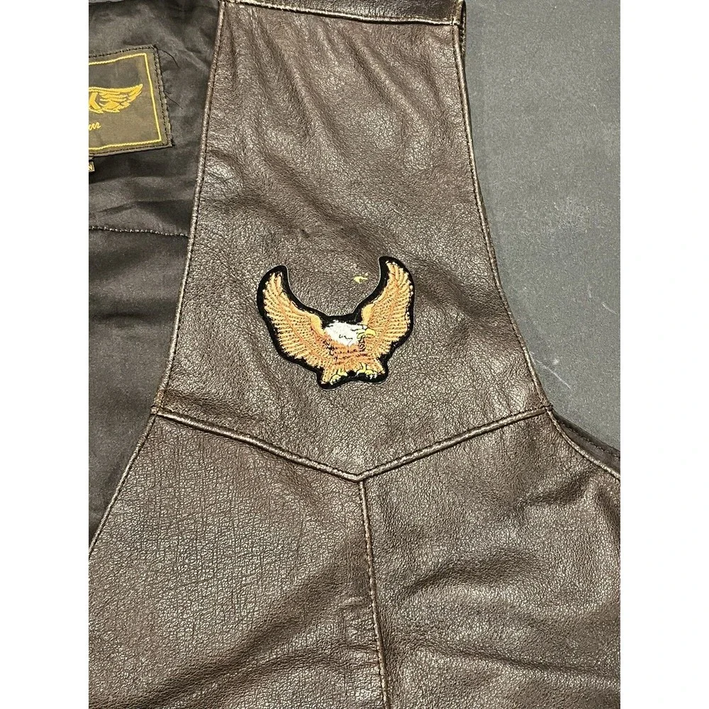 UNIK Premium Leather Brown Biker Motorcycle Vest Size 56 BORN‎ TO RIDE USA Patch